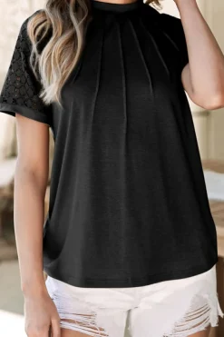 Discount Dear-Lover Seamed Detail Contrast Lace Raglan Sleeve Tee Black