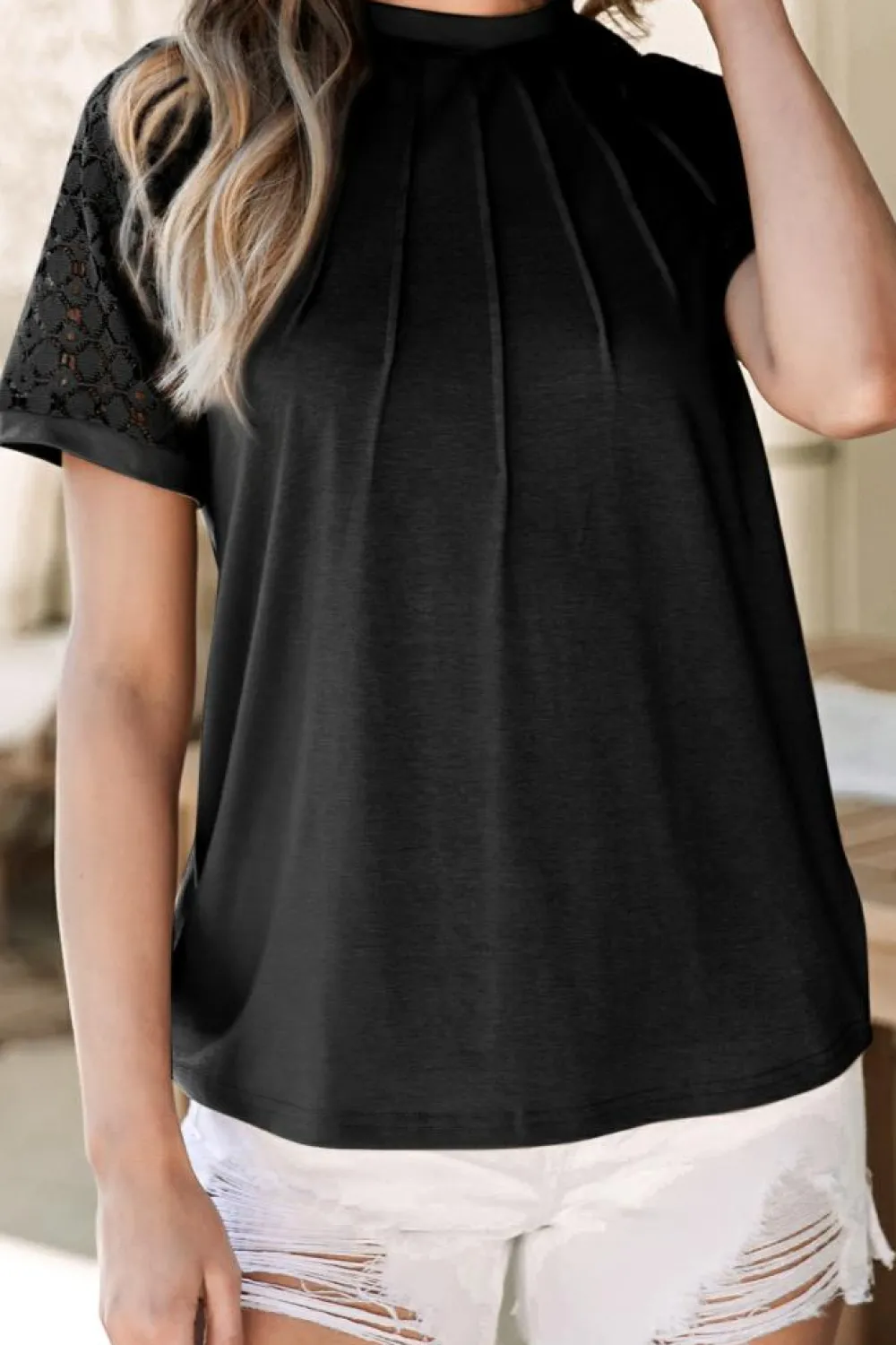 Discount Dear-Lover Seamed Detail Contrast Lace Raglan Sleeve Tee Black
