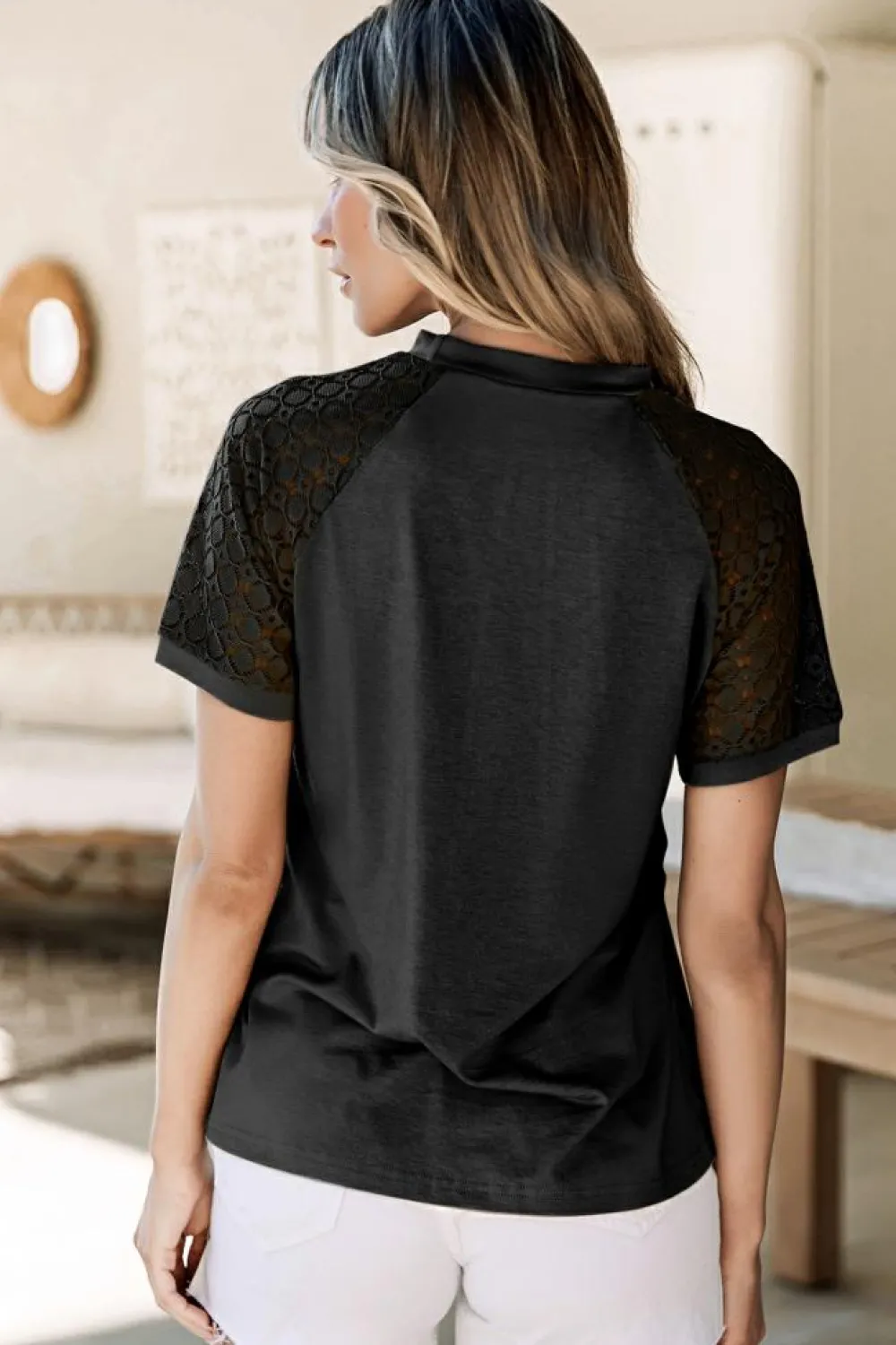 Discount Dear-Lover Seamed Detail Contrast Lace Raglan Sleeve Tee Black