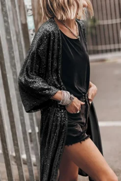 Clearance Dear-Lover Sequin 3/4 Sleeve Open Front Duster Kimono Black