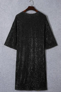 Clearance Dear-Lover Sequin 3/4 Sleeve Open Front Duster Kimono Black