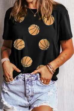 New Dear-Lover Sequin Basketball Graphic Crewneck Game Day T Shirt Black