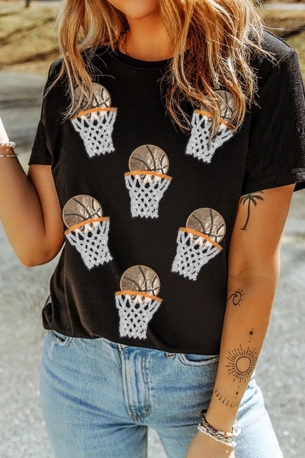 Outlet Dear-Lover Sequin Basketball Patched Graphic Game Day T Shirt Black