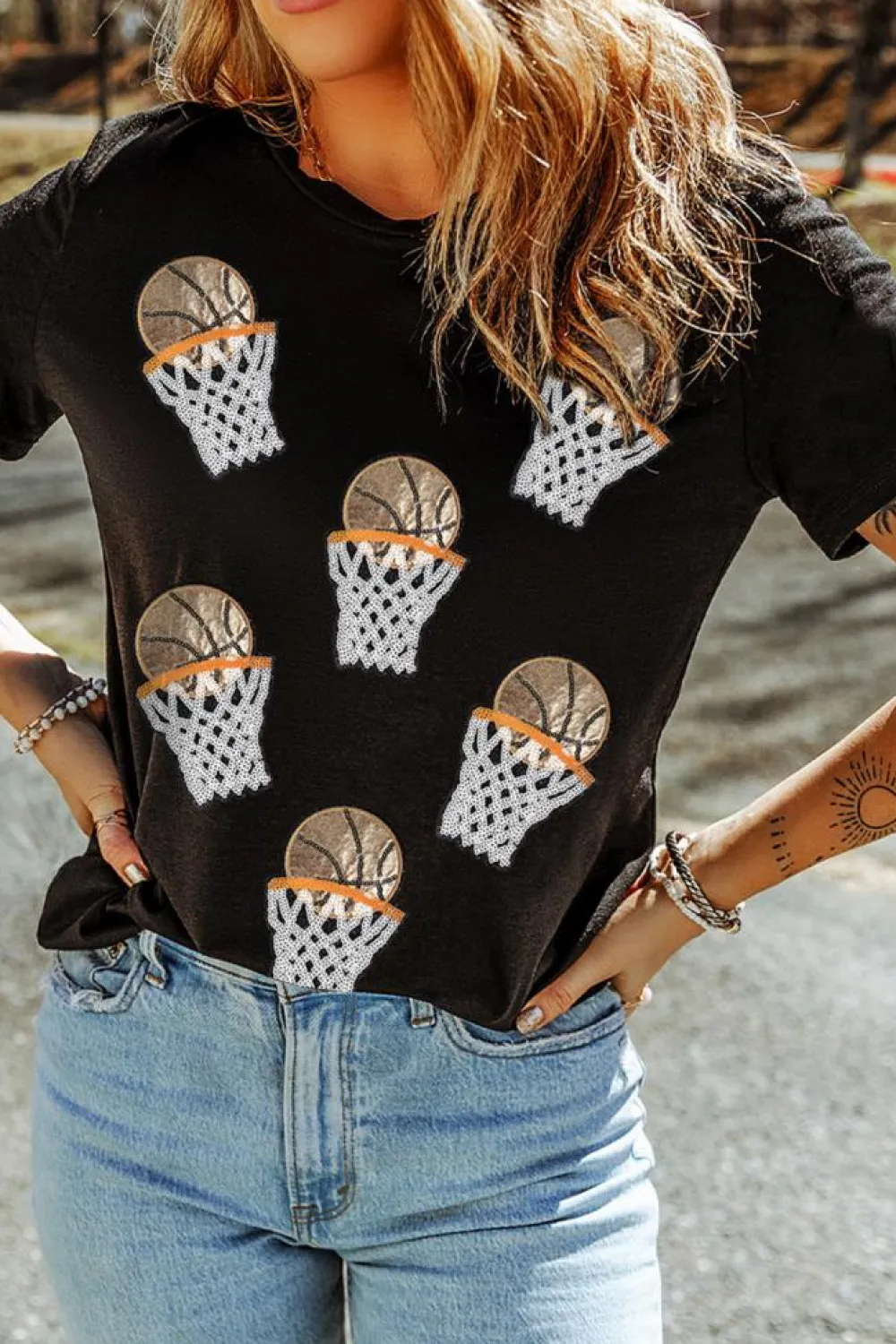 Outlet Dear-Lover Sequin Basketball Patched Graphic Game Day T Shirt Black