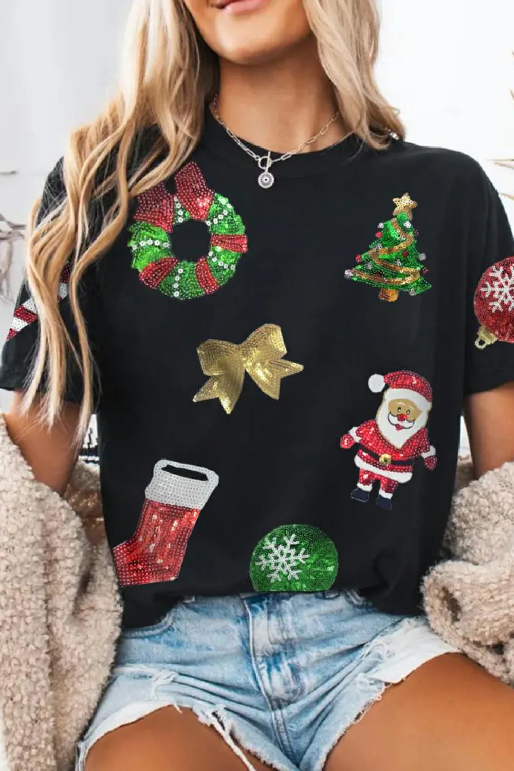 Fashion Dear-Lover Sequin Christmas Essentials Graphic Crewneck T Shirt Black