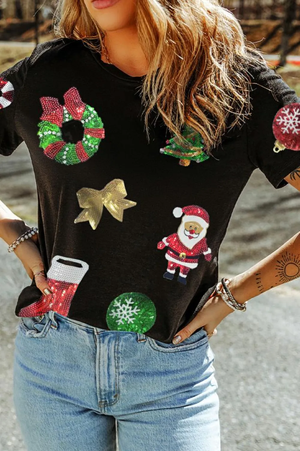 Fashion Dear-Lover Sequin Christmas Essentials Graphic Crewneck T Shirt Black