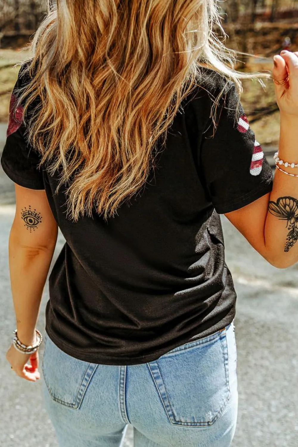 Fashion Dear-Lover Sequin Christmas Essentials Graphic Crewneck T Shirt Black