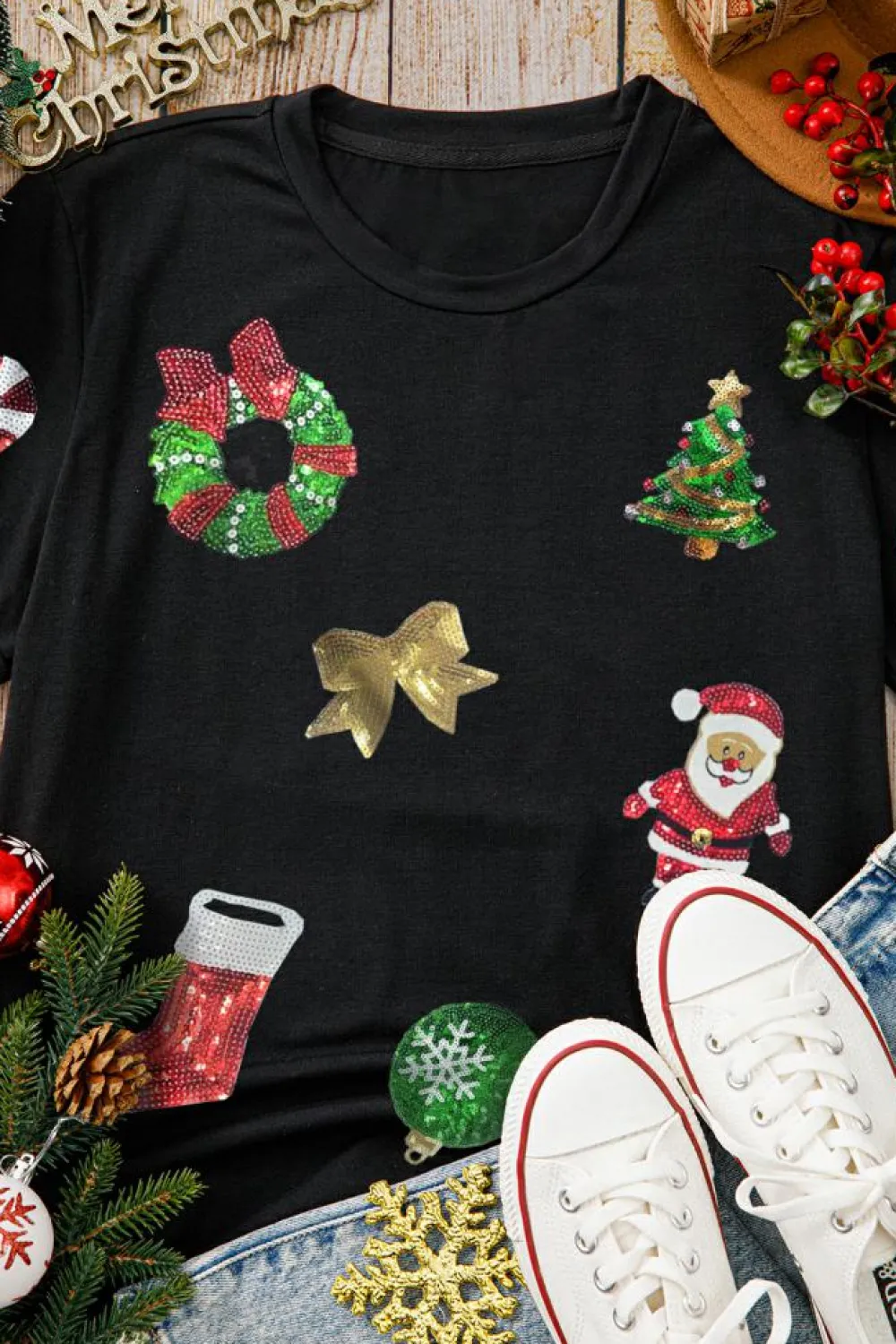Fashion Dear-Lover Sequin Christmas Essentials Graphic Crewneck T Shirt Black