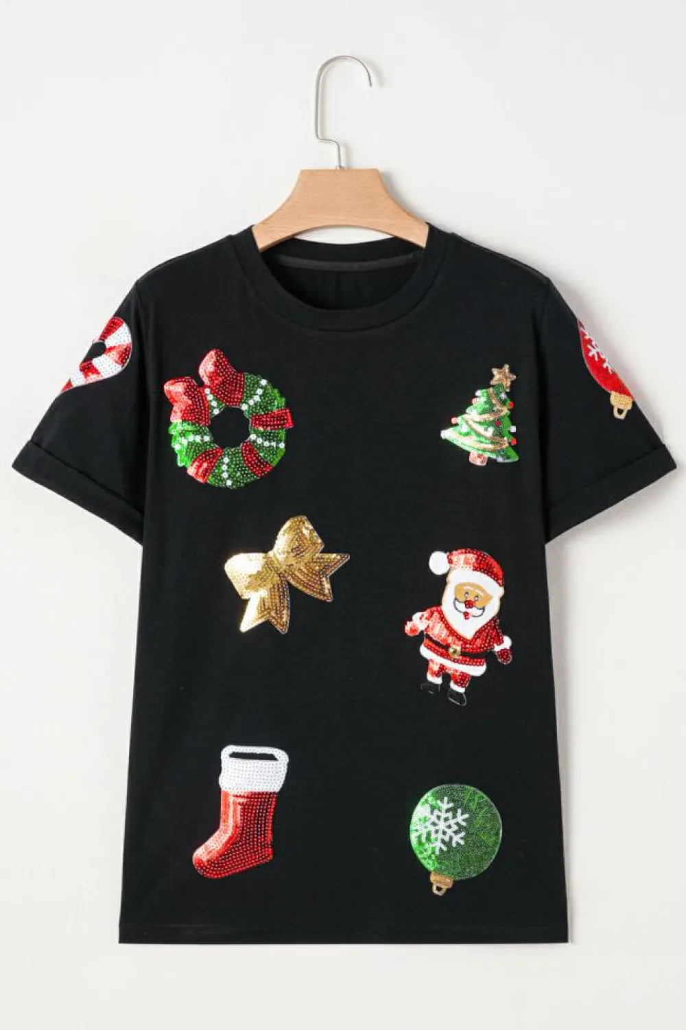 Fashion Dear-Lover Sequin Christmas Essentials Graphic Crewneck T Shirt Black