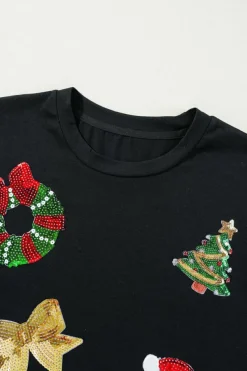 Fashion Dear-Lover Sequin Christmas Essentials Graphic Crewneck T Shirt Black