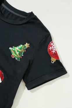 Fashion Dear-Lover Sequin Christmas Essentials Graphic Crewneck T Shirt Black