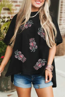 Clearance Dear-Lover Sequin Crawfish Graphic High Low Loose T Shirt Black