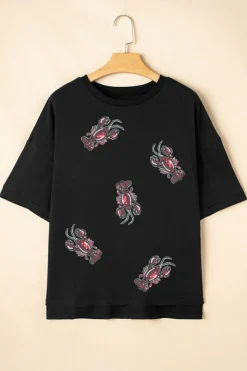 Clearance Dear-Lover Sequin Crawfish Graphic High Low Loose T Shirt Black