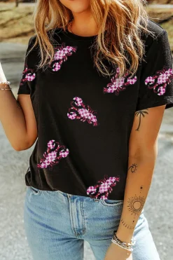 Sale Dear-Lover Sequin Crawfish Patched Crew Neck Tee Black