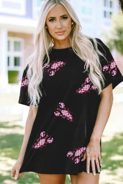 Sale Dear-Lover Sequin Crawfish Patched Crew Neck Tee Black