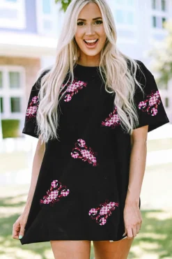 Sale Dear-Lover Sequin Crawfish Patched Crew Neck Tee Black