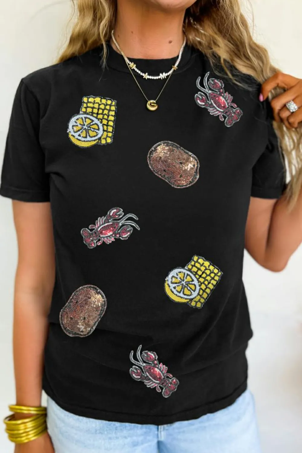 Hot Dear-Lover Sequin Crawfish Potato Lemon Corn Graphic Crewneck T Shirt Black