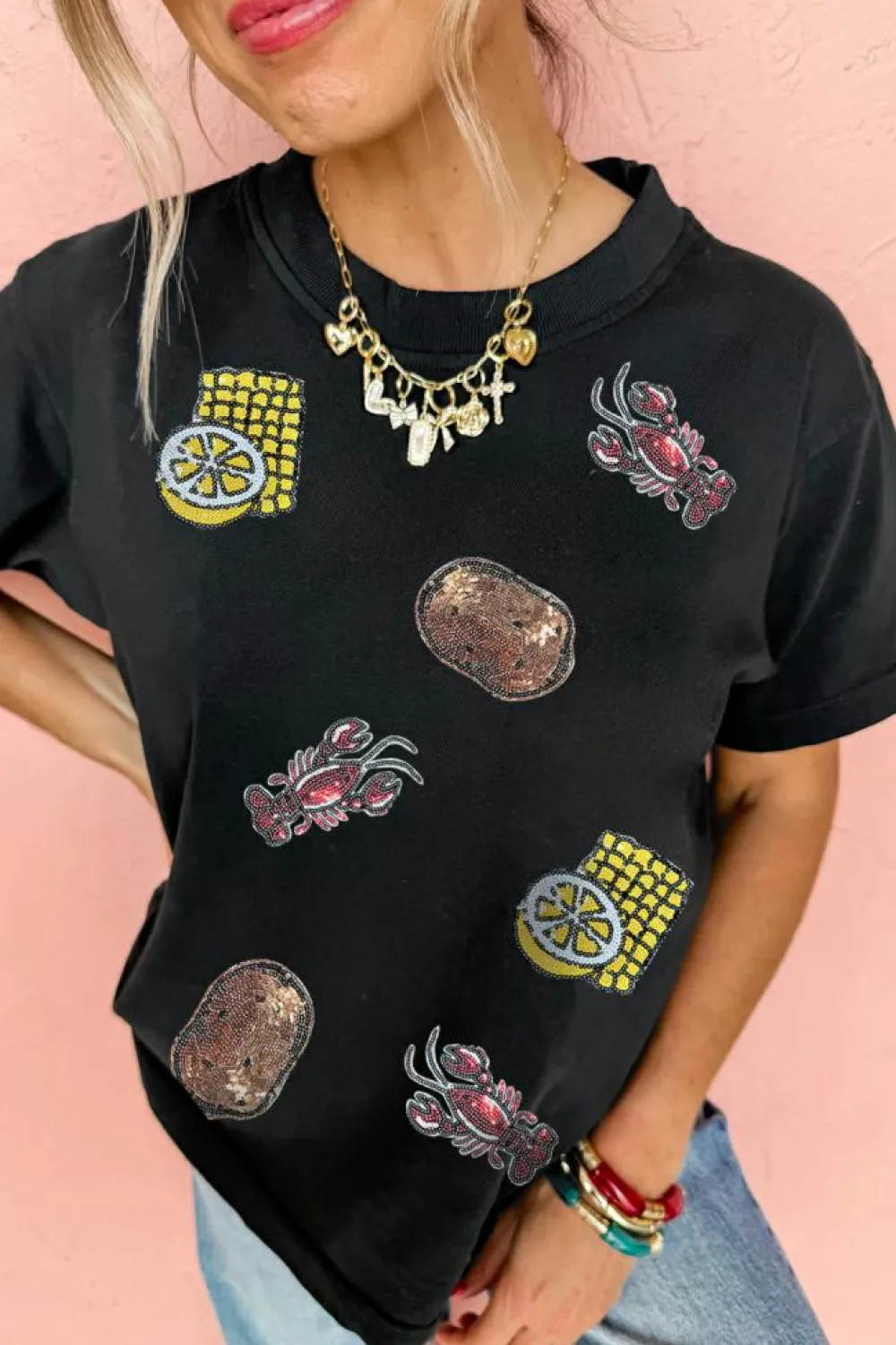 Hot Dear-Lover Sequin Crawfish Potato Lemon Corn Graphic Crewneck T Shirt Black