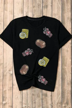 Hot Dear-Lover Sequin Crawfish Potato Lemon Corn Graphic Crewneck T Shirt Black