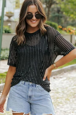 Clearance Dear-Lover Sequin Drop Shoulder Sheer T-shirt Black