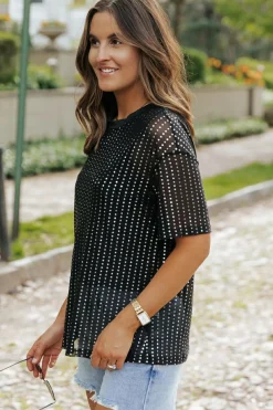 Clearance Dear-Lover Sequin Drop Shoulder Sheer T-shirt Black
