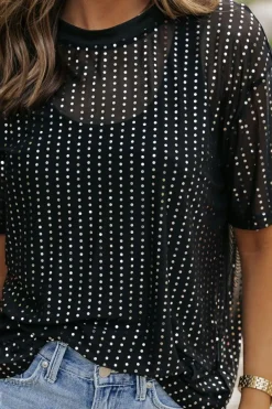 Clearance Dear-Lover Sequin Drop Shoulder Sheer T-shirt Black