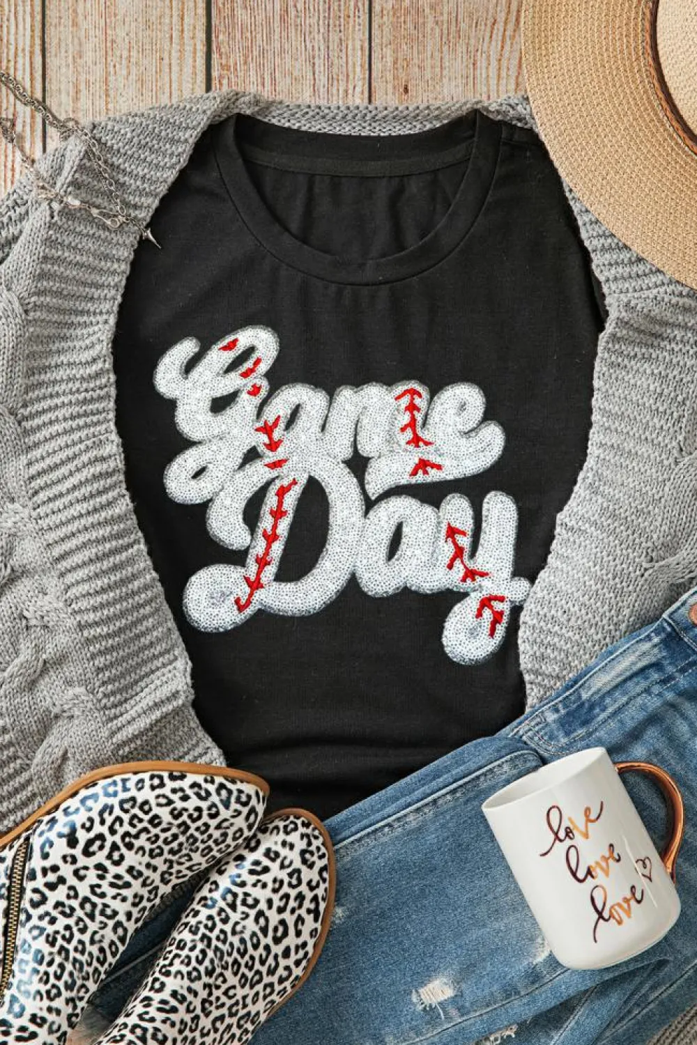 Outlet Dear-Lover Sequin Game Day Graphic Crew Neck Tee Black