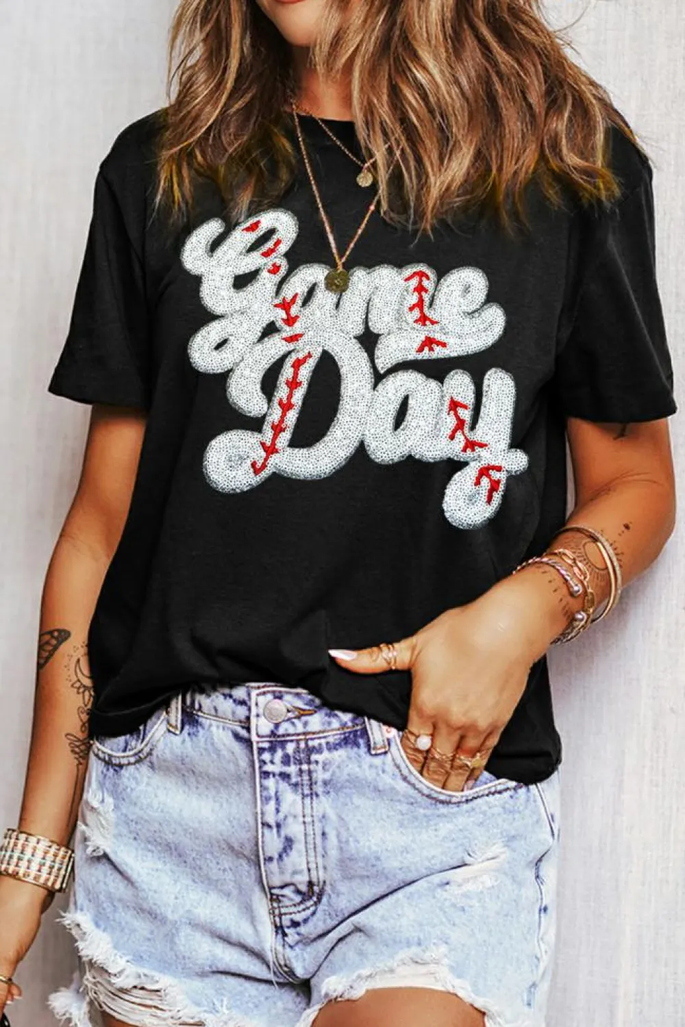Outlet Dear-Lover Sequin Game Day Graphic Crew Neck Tee Black