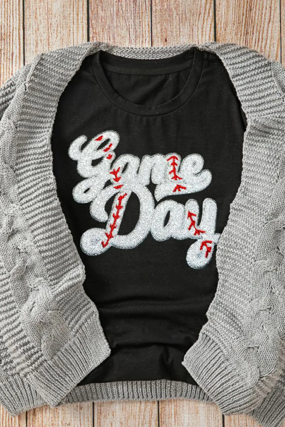 Outlet Dear-Lover Sequin Game Day Graphic Crew Neck Tee Black