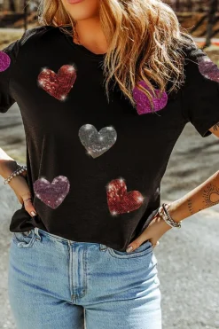 Hot Dear-Lover Sequin Heart Patched Pattern Crewneck Valentines Tee Black