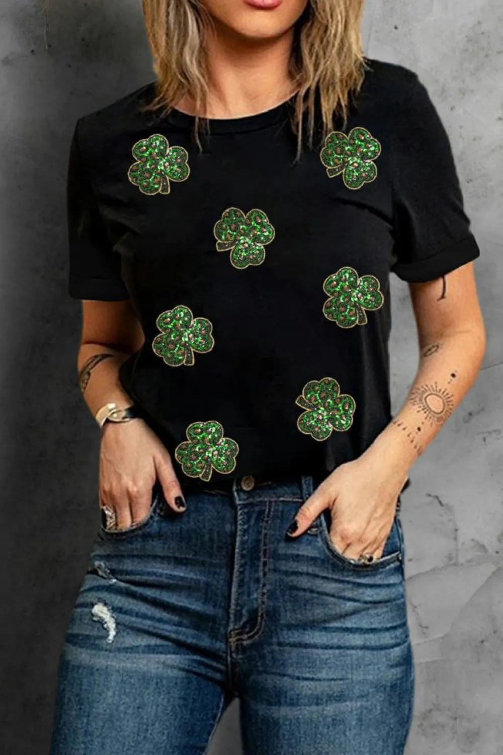Online Dear-Lover Sequin Leopard Clover Graphic Crewneck St Patrick Tee Black