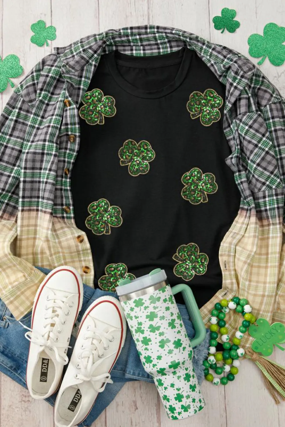 Online Dear-Lover Sequin Leopard Clover Graphic Crewneck St Patrick Tee Black