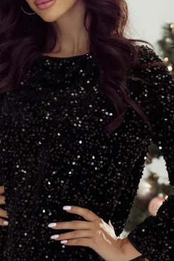 Fashion Dear-Lover Sequin Long Sleeve Knot Cutout Back Mini Dress Black
