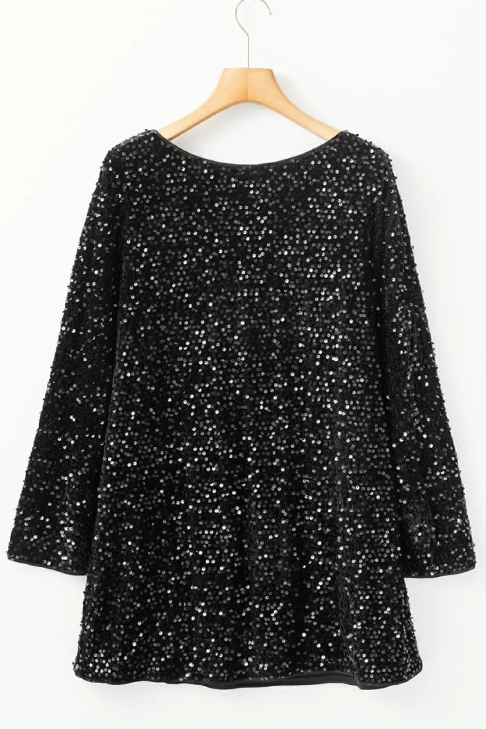 Fashion Dear-Lover Sequin Long Sleeve Knot Cutout Back Mini Dress Black