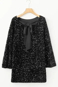 Fashion Dear-Lover Sequin Long Sleeve Knot Cutout Back Mini Dress Black