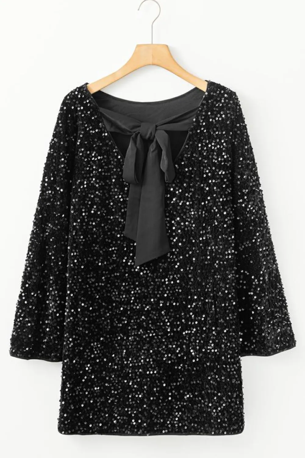Fashion Dear-Lover Sequin Long Sleeve Knot Cutout Back Mini Dress Black