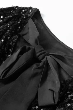 Fashion Dear-Lover Sequin Long Sleeve Knot Cutout Back Mini Dress Black