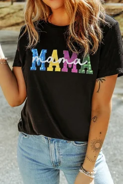 Outlet Dear-Lover Sequin MAMA Double Letter Graphic Tee Black