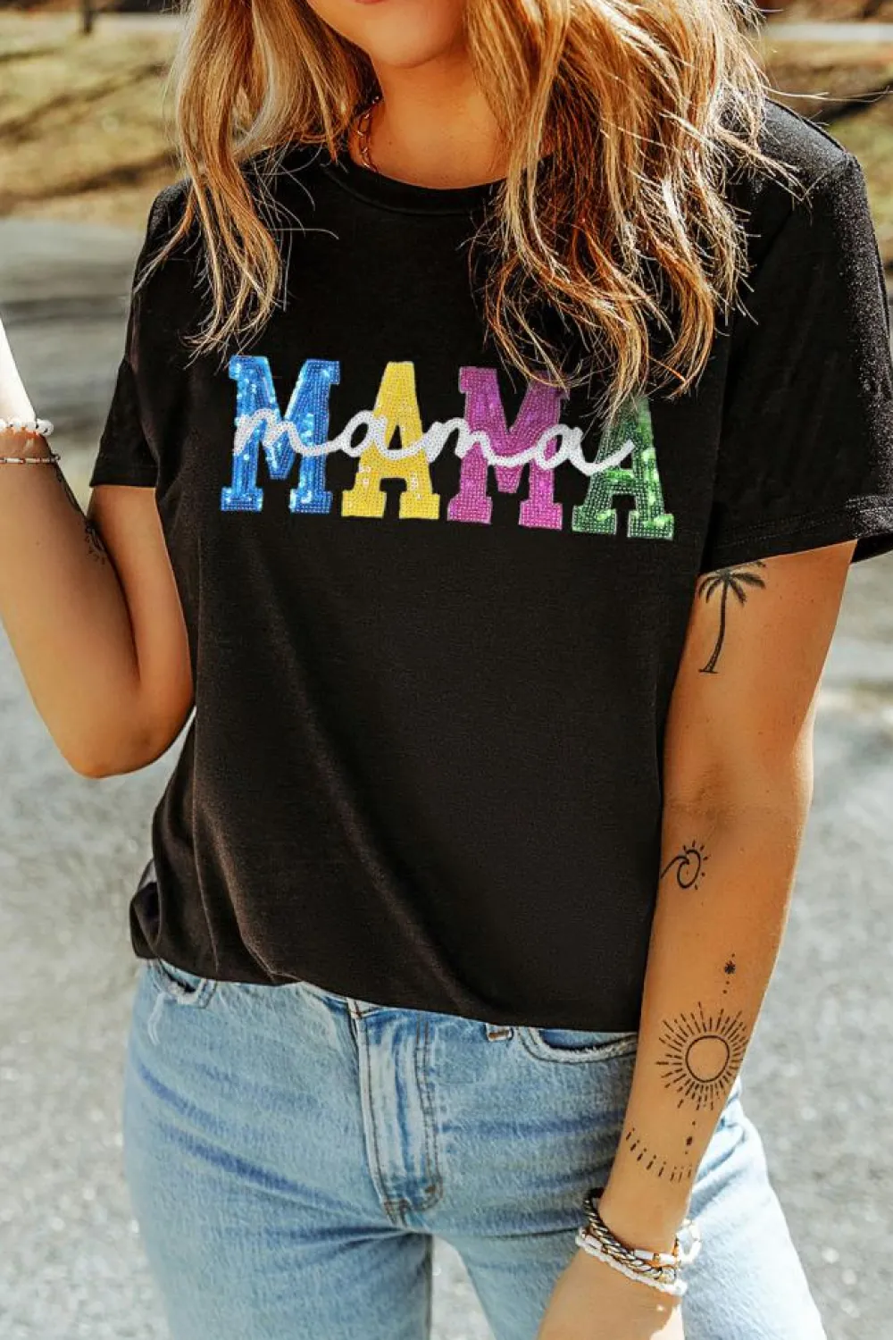 Outlet Dear-Lover Sequin MAMA Double Letter Graphic Tee Black