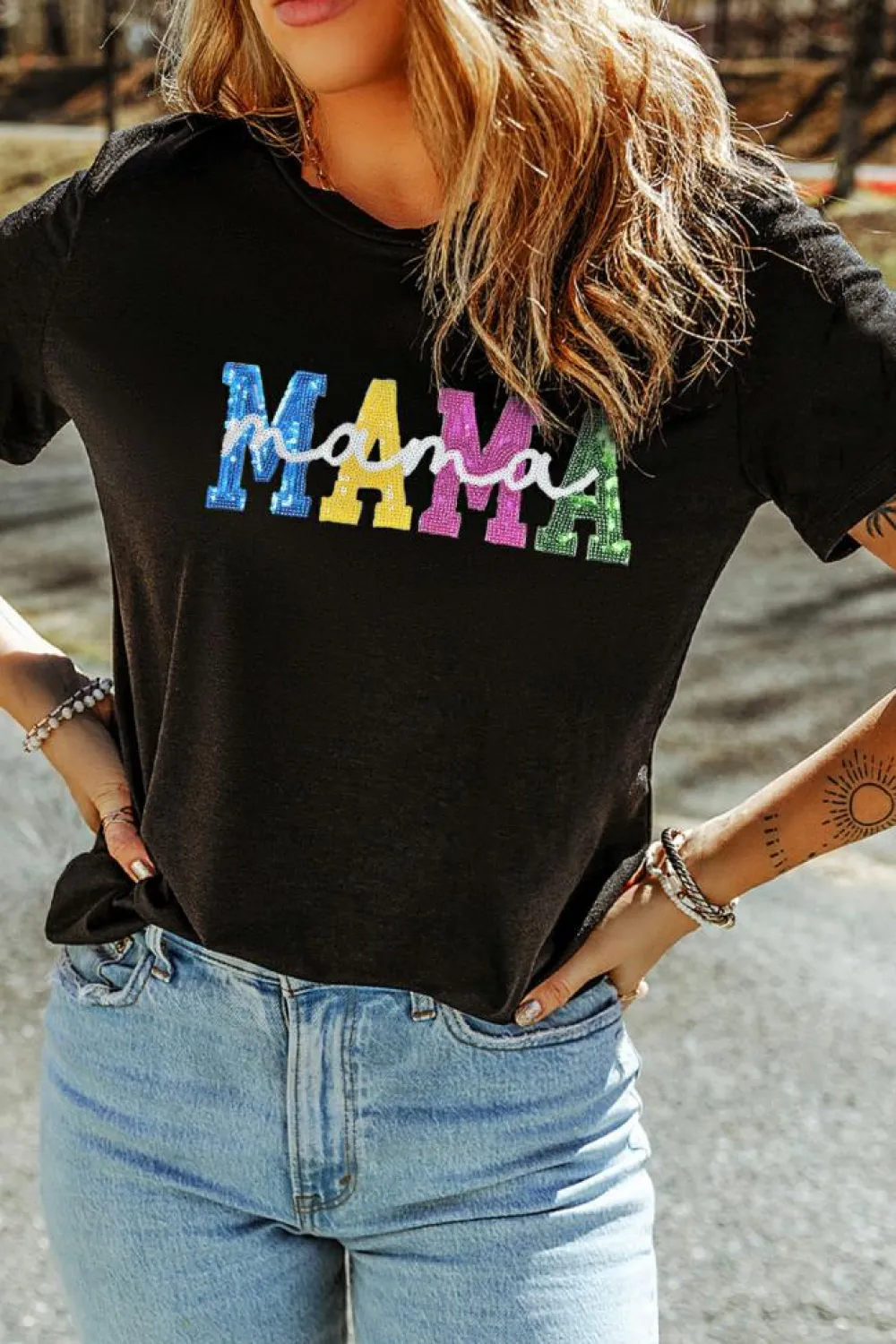 Outlet Dear-Lover Sequin MAMA Double Letter Graphic Tee Black