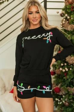 Discount Dear-Lover Sequin Merry Graphic Pullover and Shorts Outfit Black