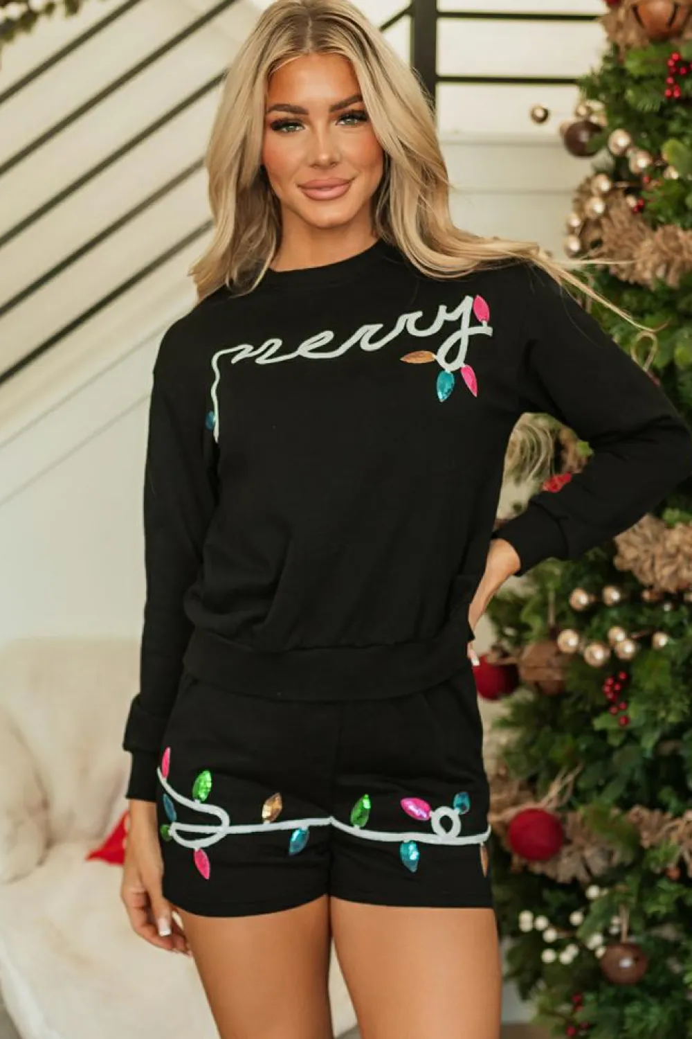 Discount Dear-Lover Sequin Merry Graphic Pullover and Shorts Outfit Black