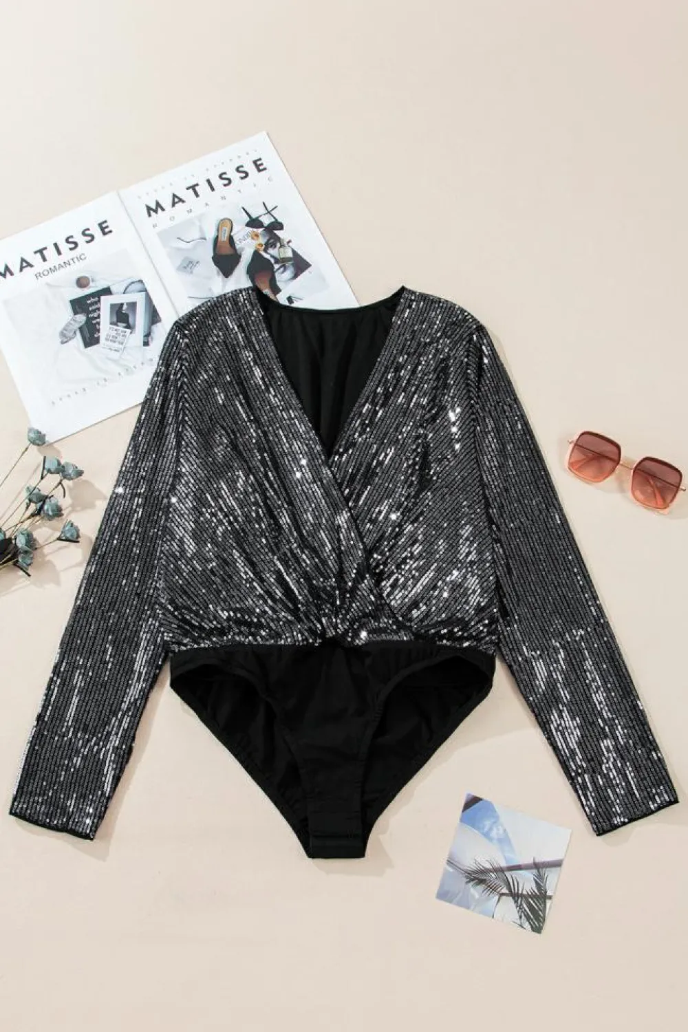 Outlet Dear-Lover Sequin Mesh Long Sleeve Surplice Neck Bodysuit Black