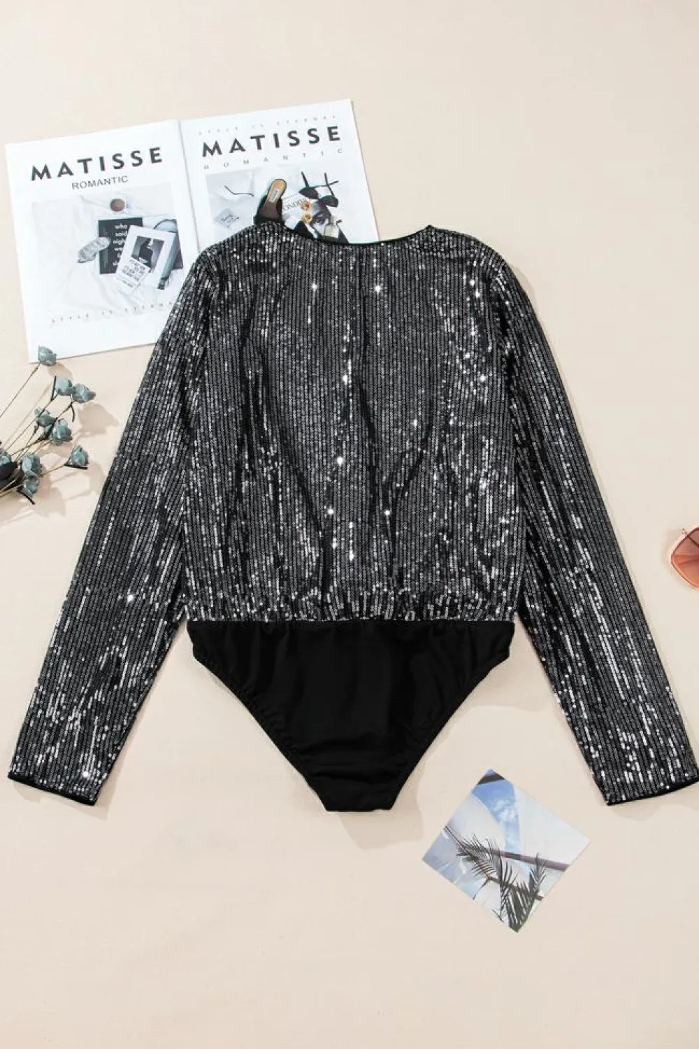 Outlet Dear-Lover Sequin Mesh Long Sleeve Surplice Neck Bodysuit Black