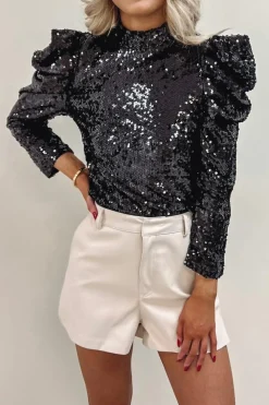 Fashion Dear-Lover Sequin Mock Neck Bubble Sleeve Top Black