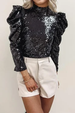 Fashion Dear-Lover Sequin Mock Neck Bubble Sleeve Top Black