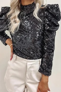 Fashion Dear-Lover Sequin Mock Neck Bubble Sleeve Top Black