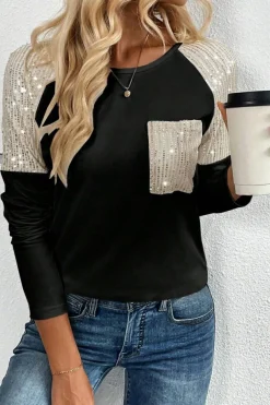 Outlet Dear-Lover Sequin Patch Chest Pocket Raglan Sleeve Top Black