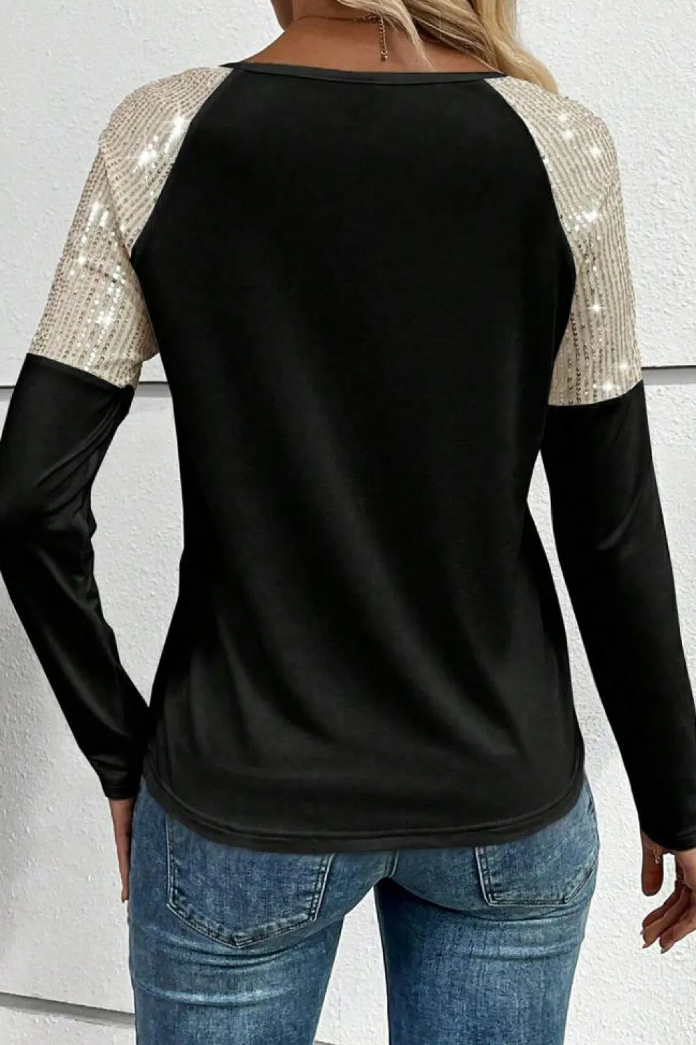 Outlet Dear-Lover Sequin Patch Chest Pocket Raglan Sleeve Top Black