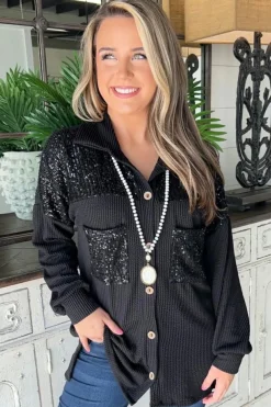 Fashion Dear-Lover Sequin Patch Chest Pocket Corded Shacket Black
